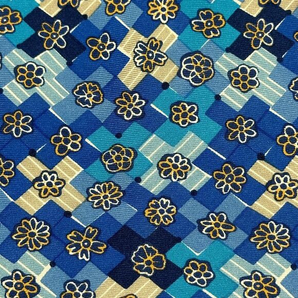 YSL Yves Saint Laurent Silk Necktie Blue Floral Geometric Handmade Italy - Picture 2 of 8